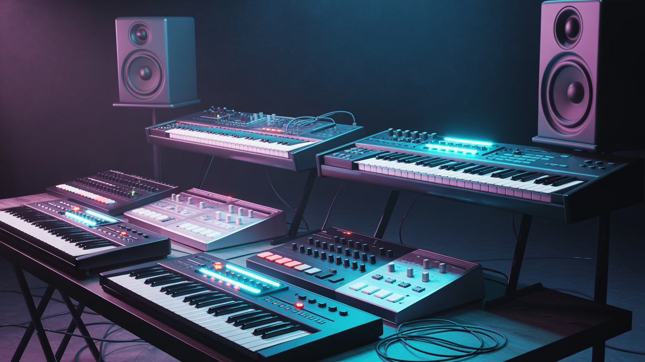 Professional music production studio with synthesizers and neon lighting