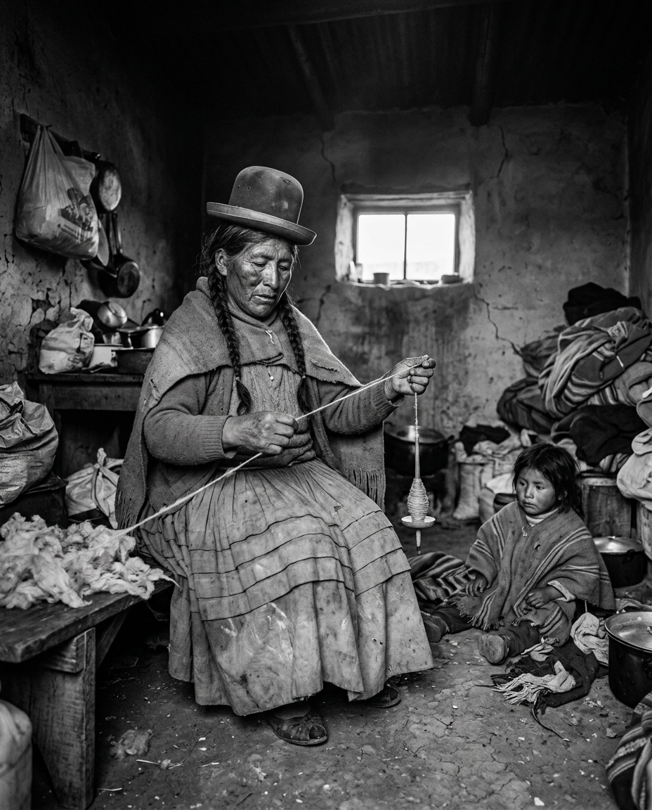 Carmen Mamani spinning alpaca wool in the Bolivian altiplano