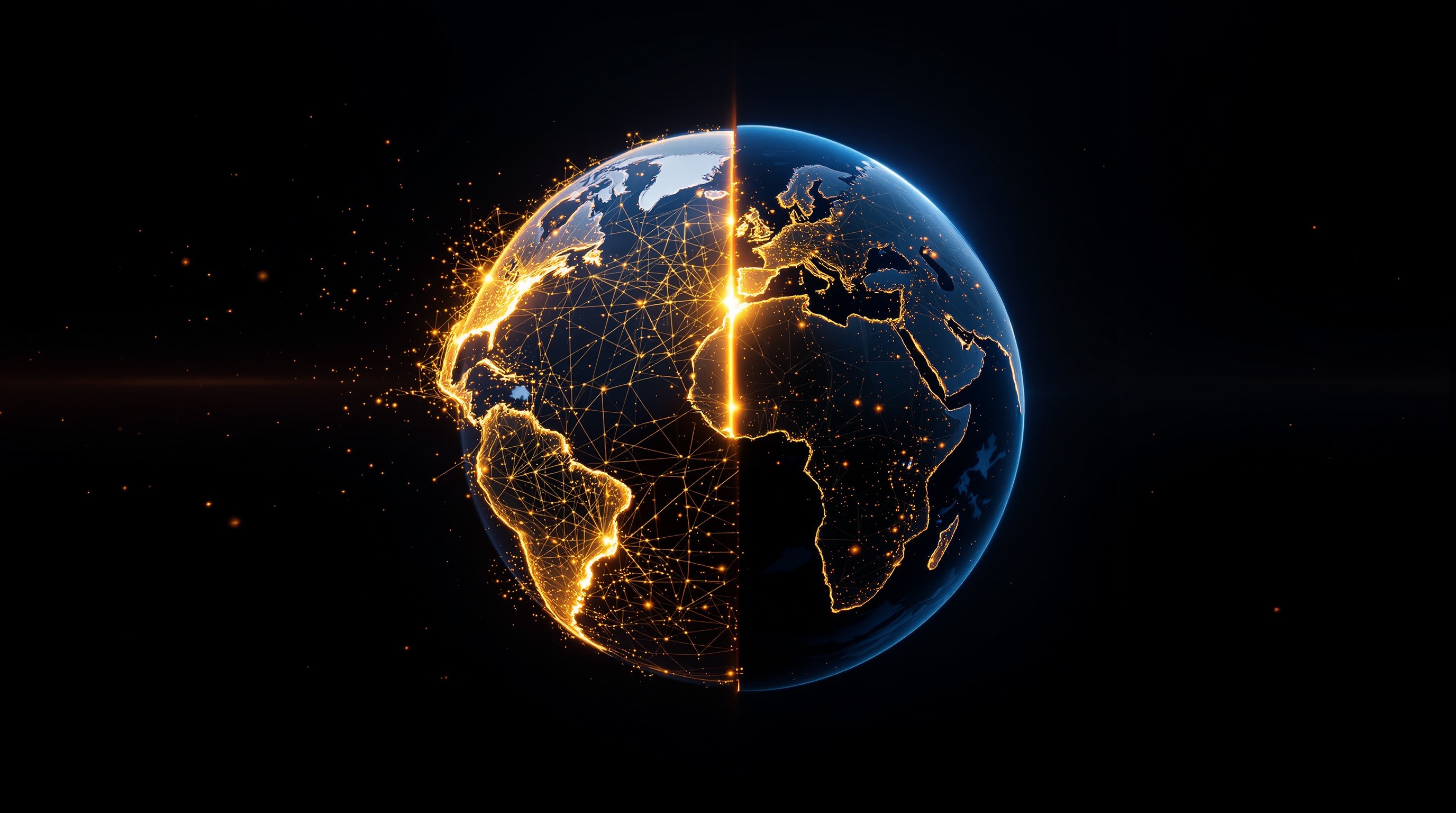 Dramatische Erdkugel-Visualisierung mit unterschiedlich dichten Technologie-Netzwerken auf zwei Hemisphären