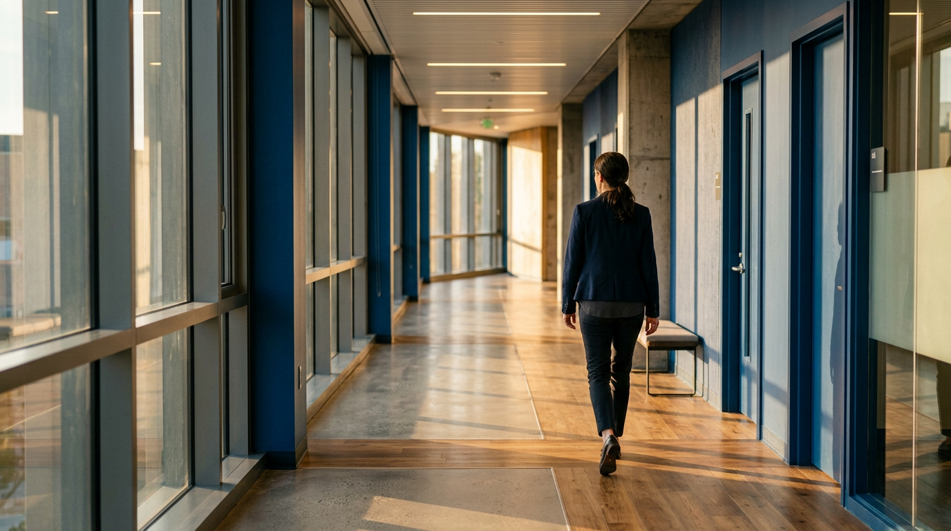 Pessoa caminhando em corredor silencioso como reset físico