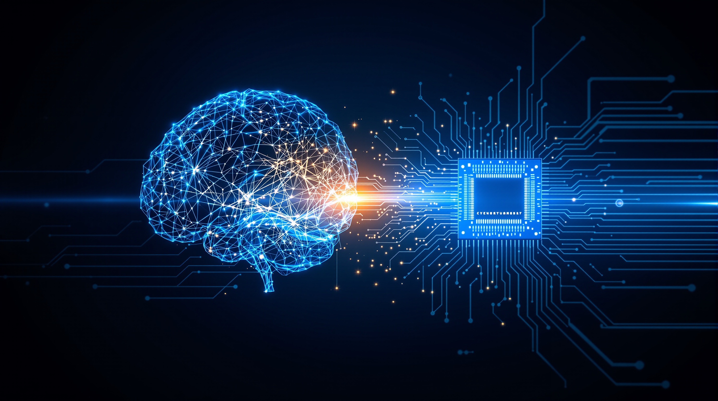 Illustration scientifique du calcul neuromorphique : fusion d'un cerveau humain et d'une puce semiconductrice avec connexions neuronales bleu-or