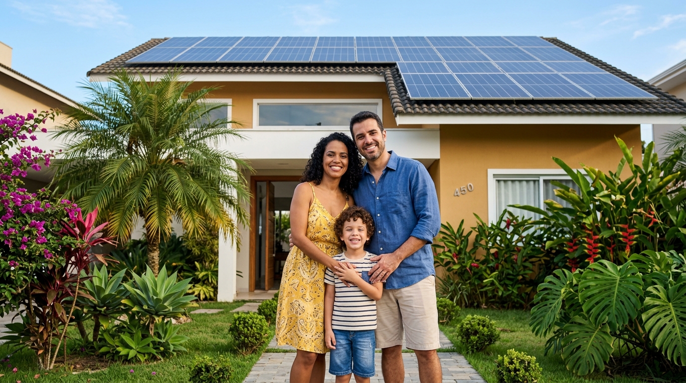Família satisfeita com energia solar instalada pela Eletrosol
