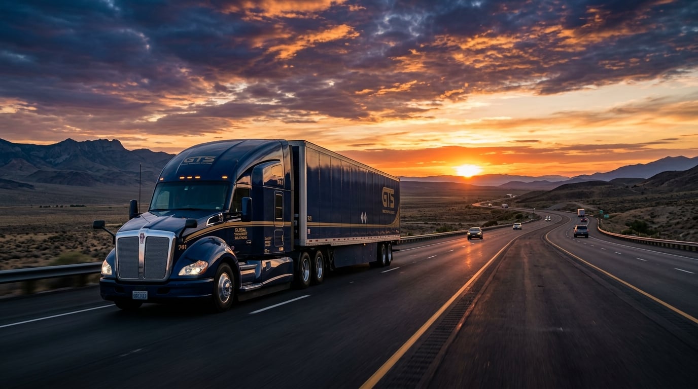 Transportation truck on highway at sunset