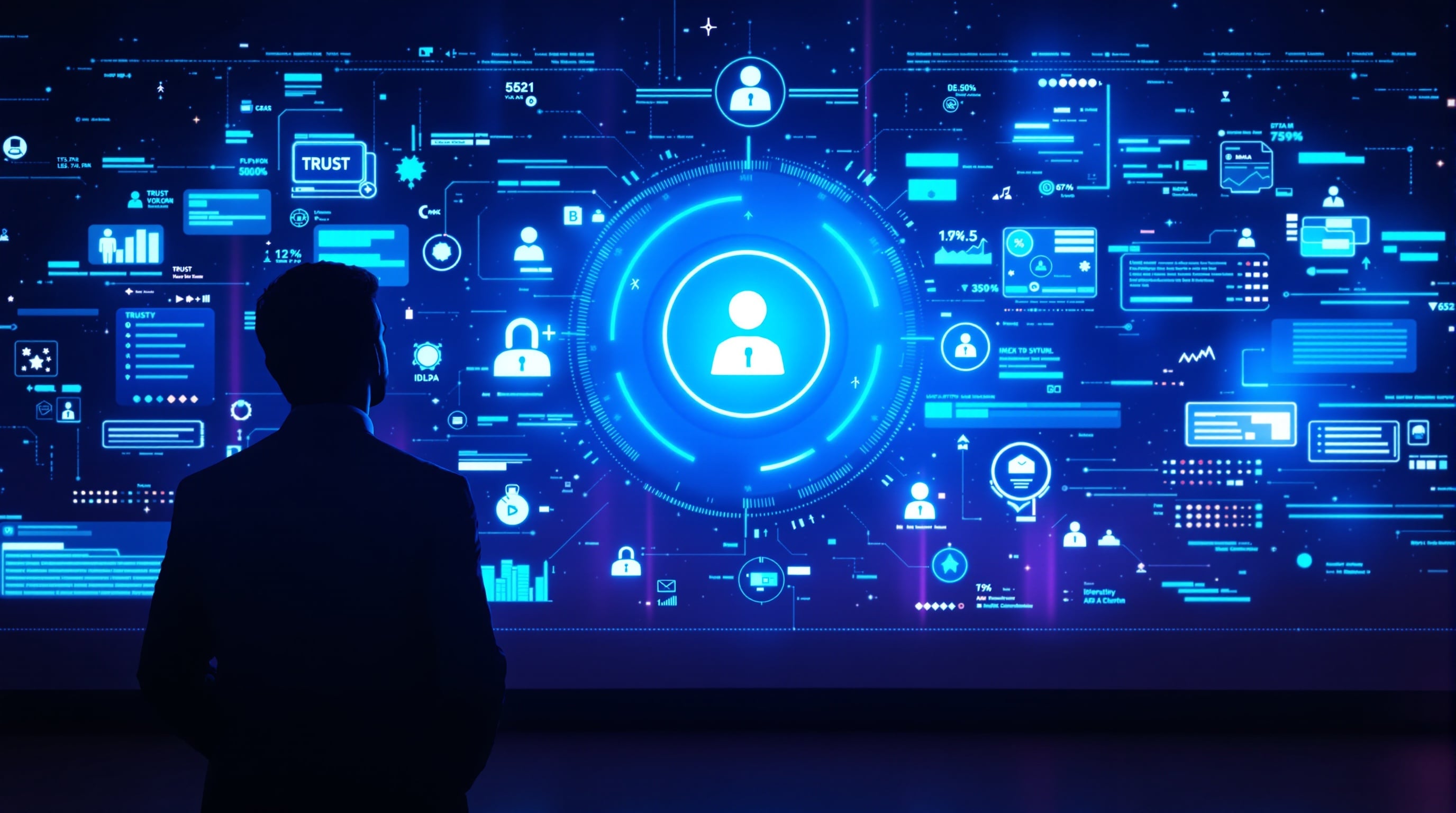 A silhouette of a man standing before holographic trust signals and data visualizations