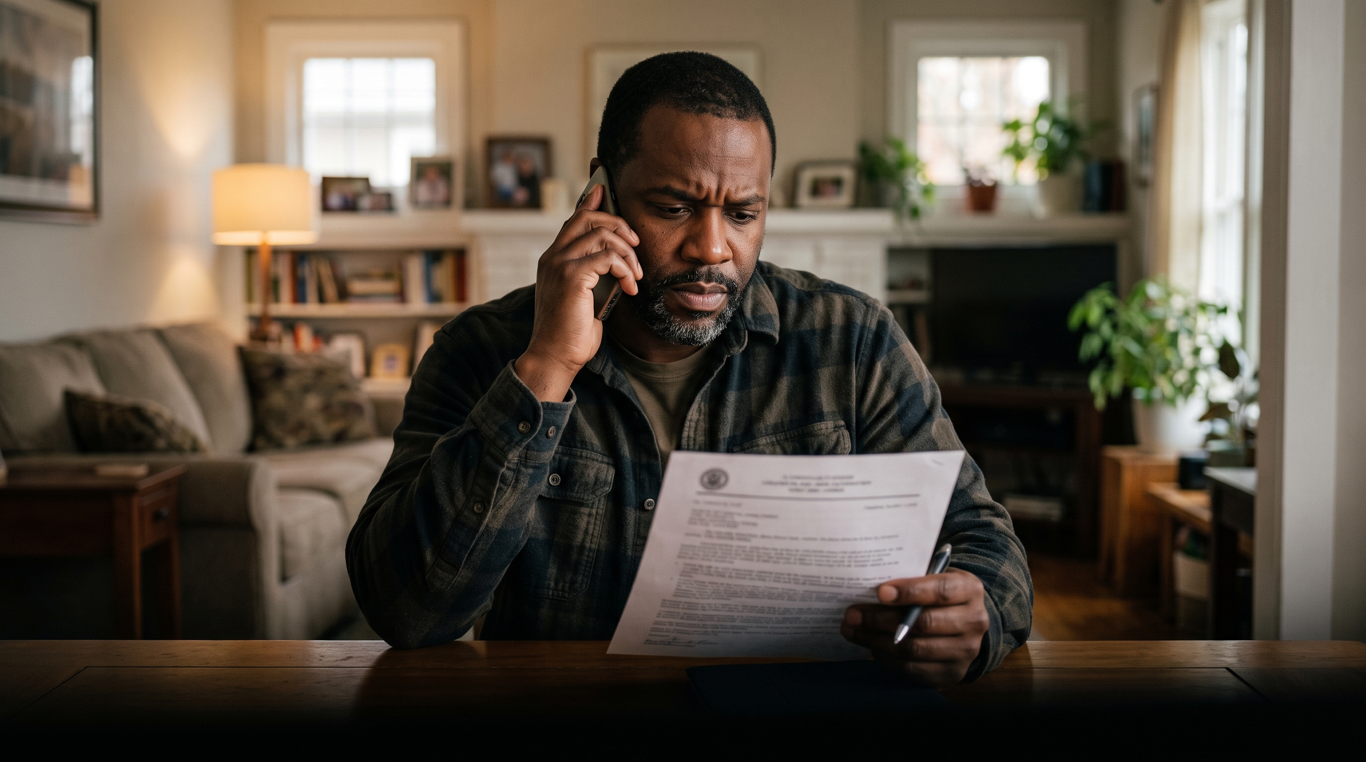 A veteran at home on the phone, working through his exposure records and paperwork