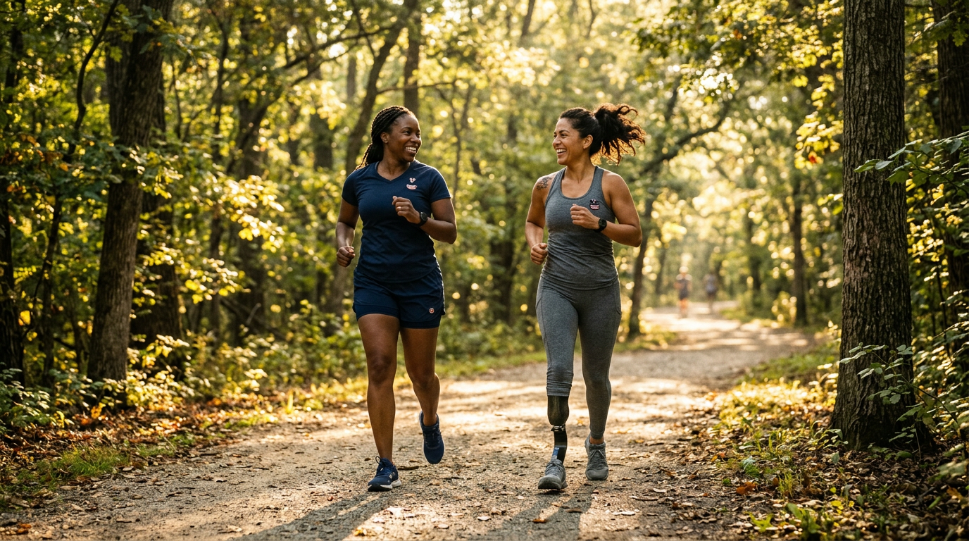Two women veterans jogging on a tree-lined path