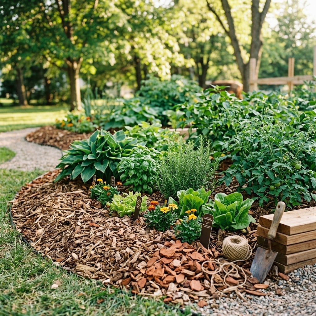Garden bed with wood chip mulch around plants