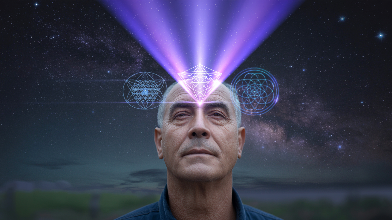 Stariji muškarac pod zvezdanim nebom sa indigo zrakom iz trećeg oka koji projektuje Cvet Života i Metatronovu Kocku kao holograms