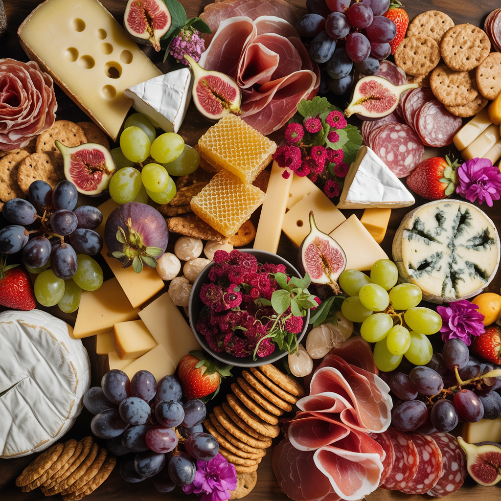 Lavish grazing table with artisan cheeses and fruits
