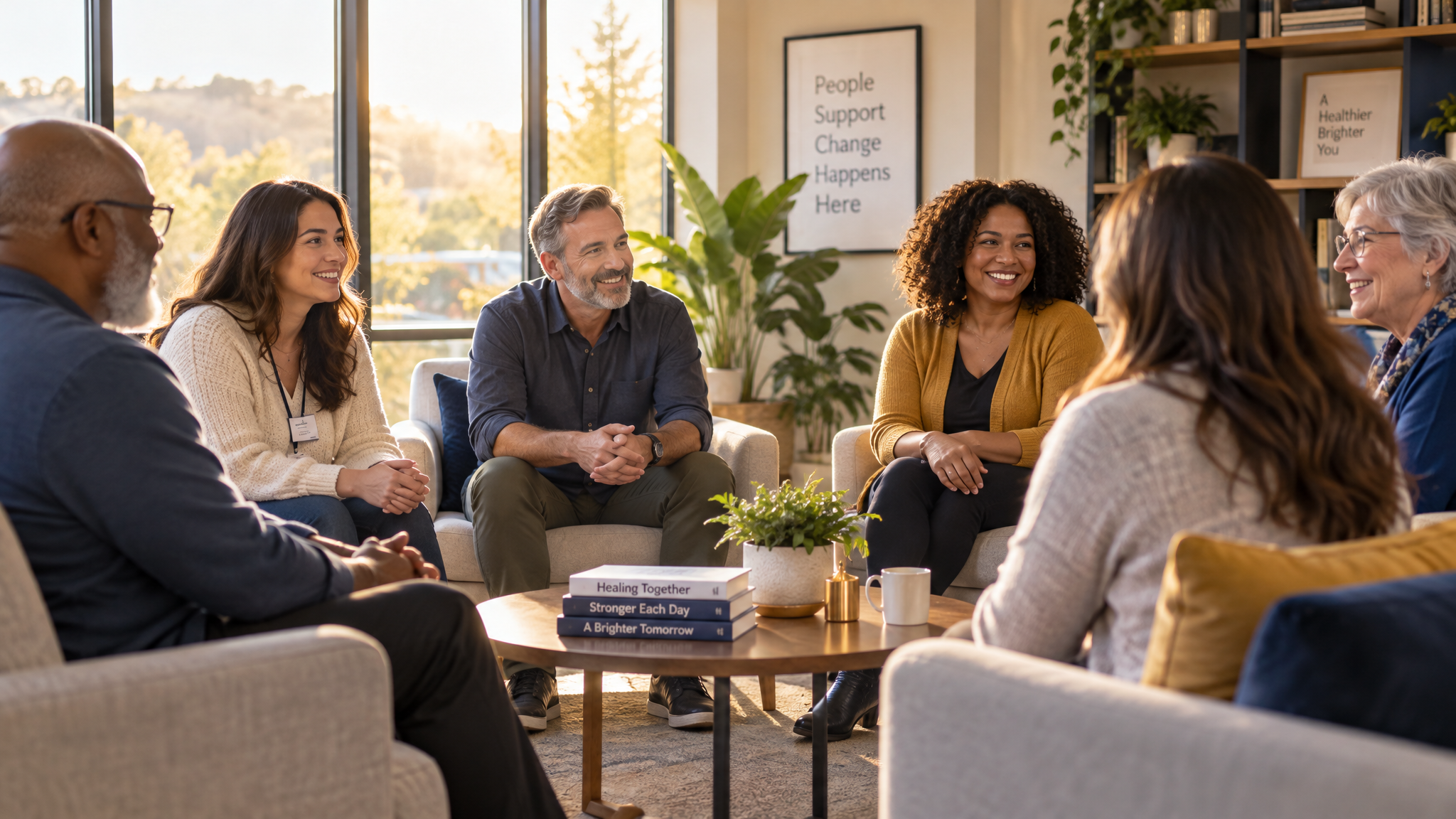 Diverse group in a supportive counseling session at EVAC