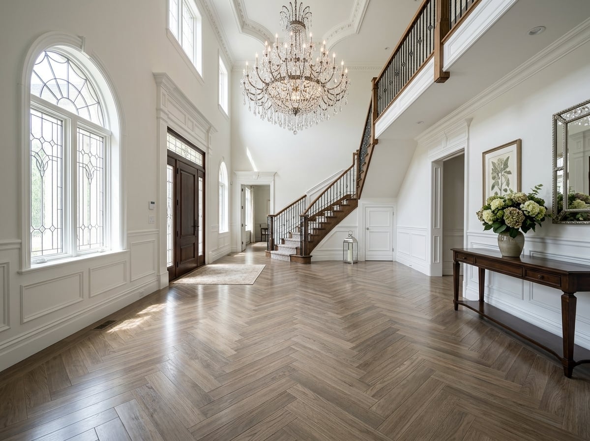 Luxury herringbone tile floor installation in grand entryway foyer
