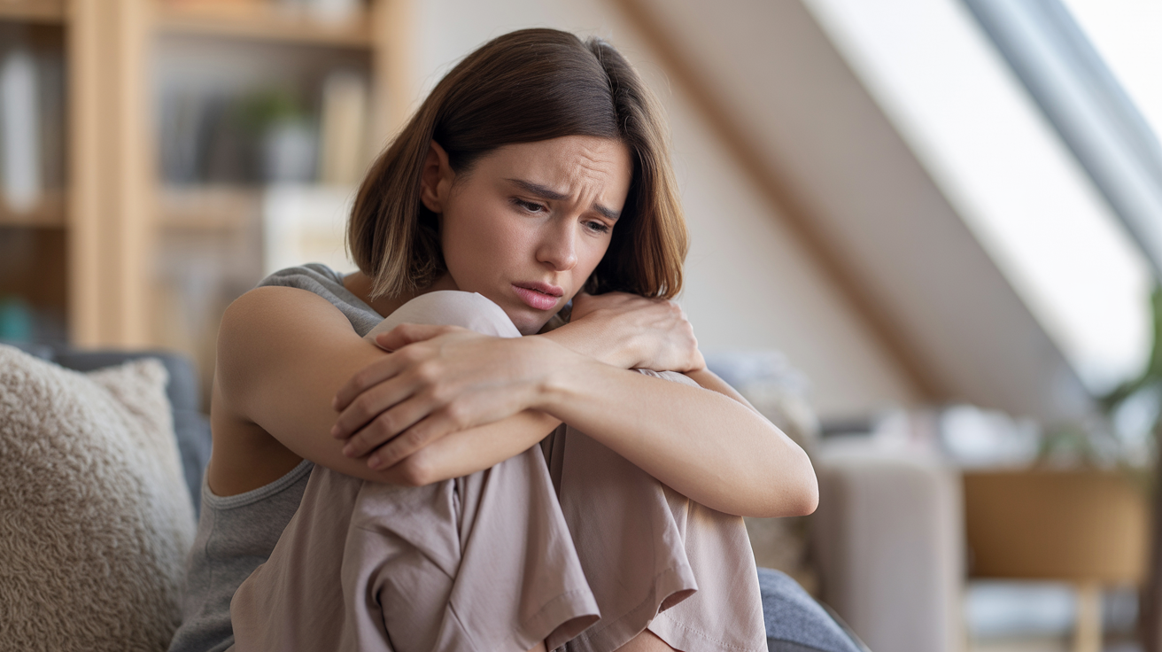 Elena before therapy - curled up on couch looking stressed
