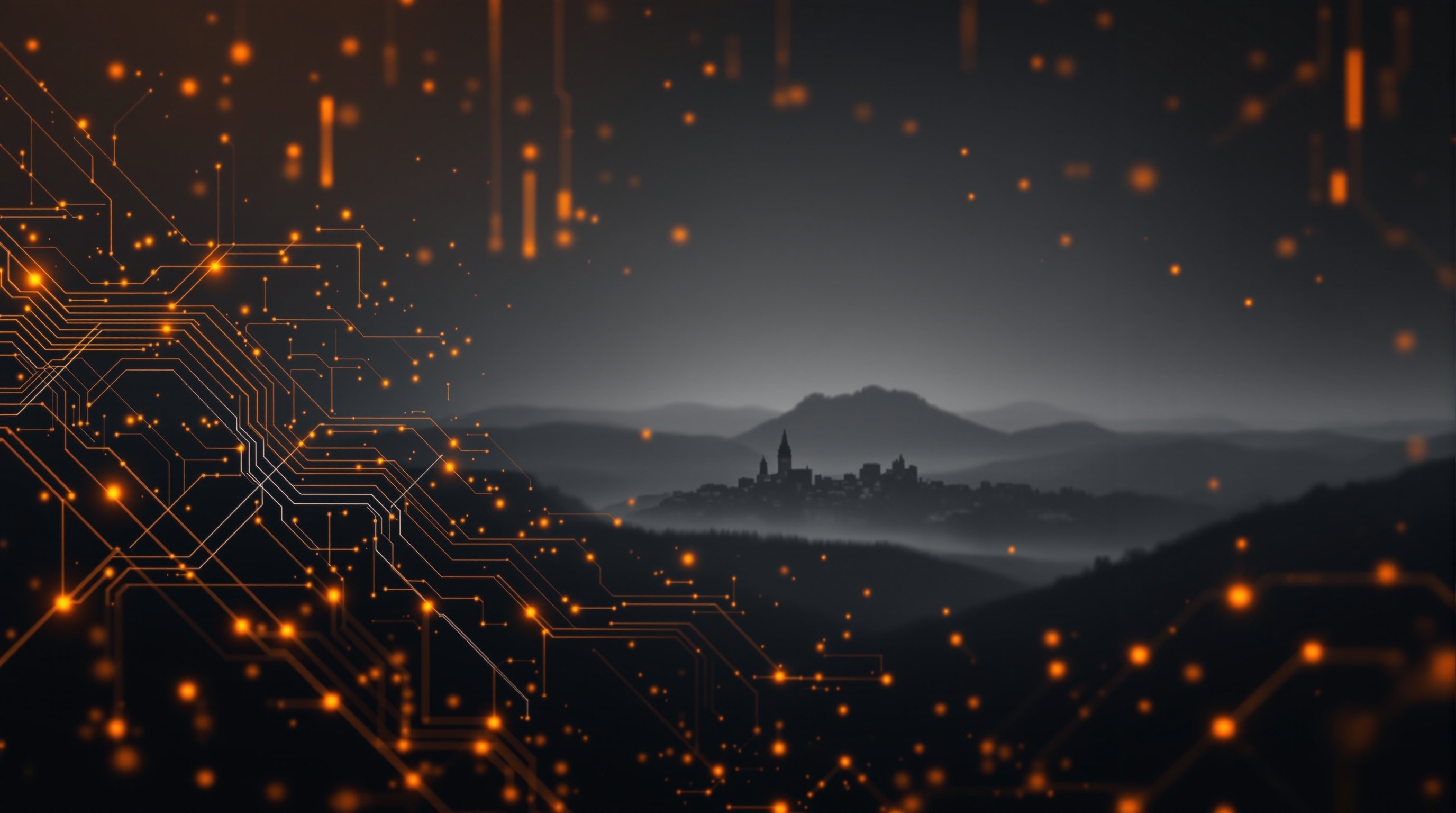 Digital technology background with Scottish highlands silhouette