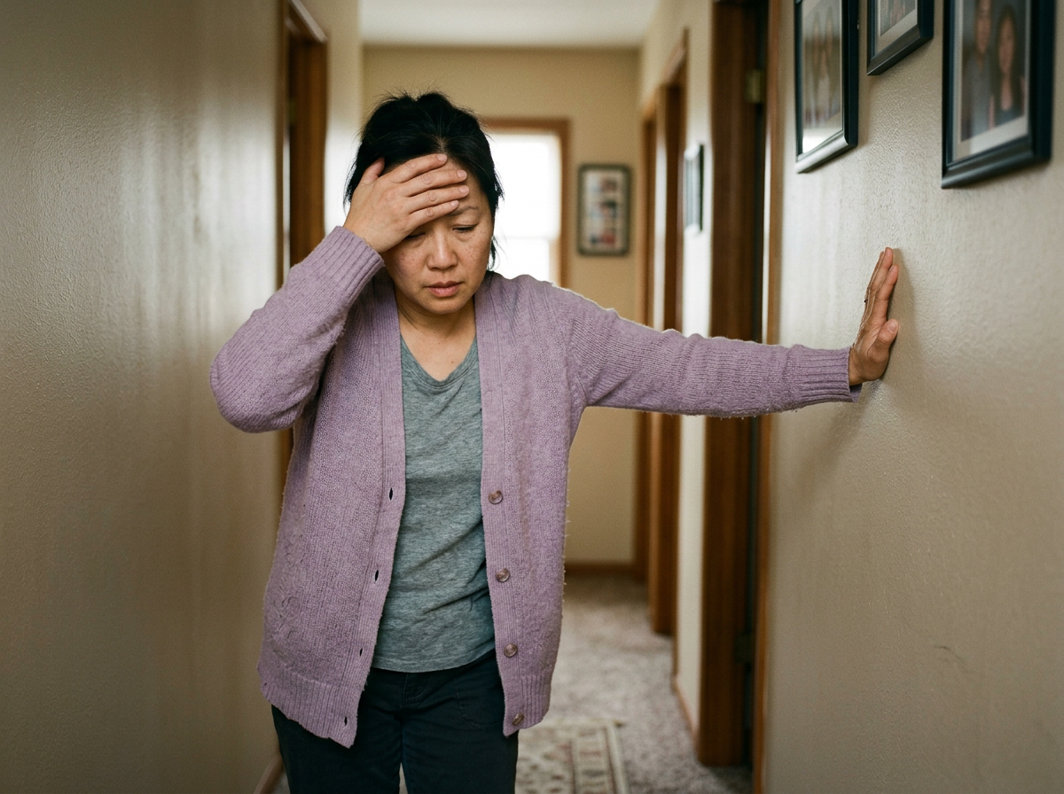 Asian female veteran in her 40s steadying herself against a hallway wall with one hand to her head from dizziness