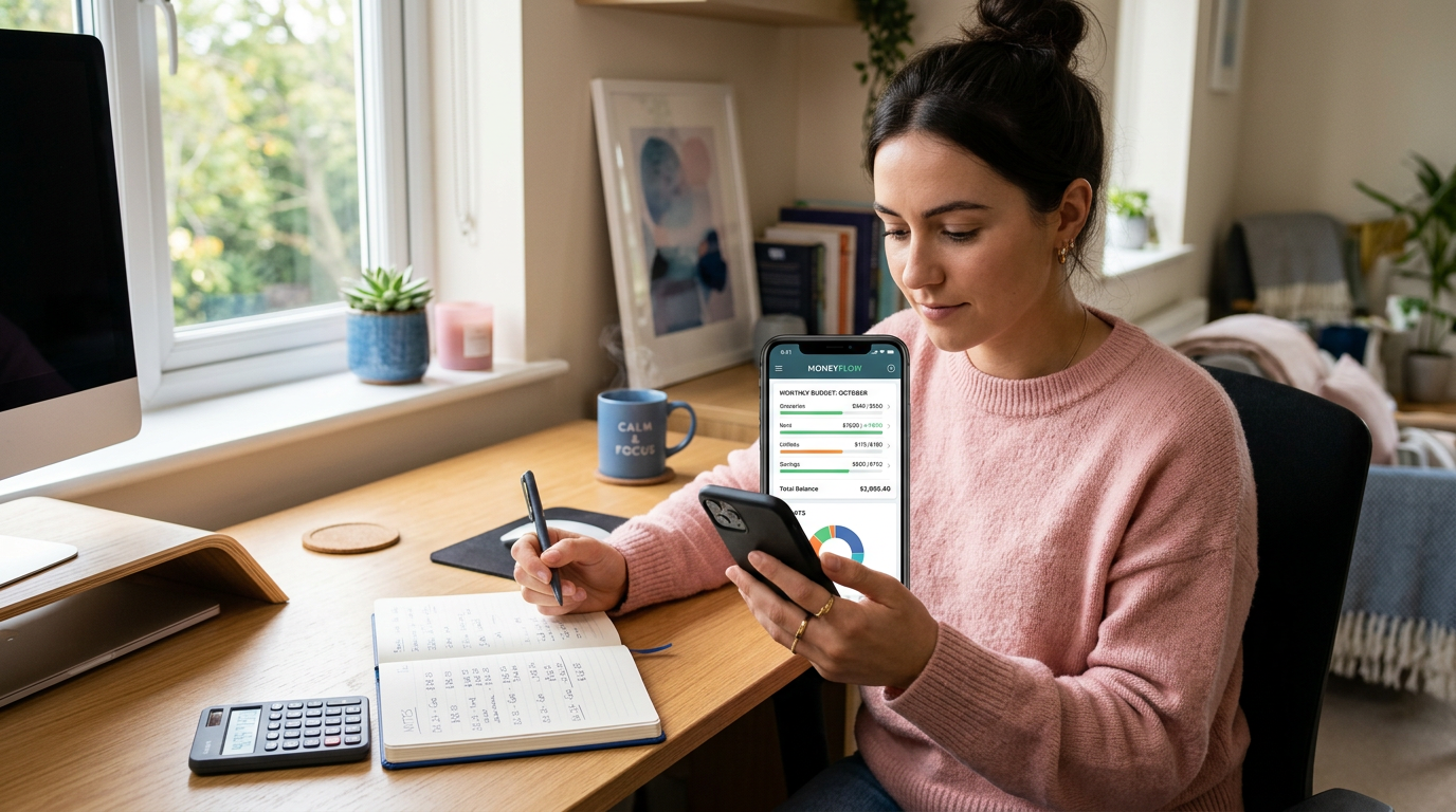 Persona organizando sus finanzas personales y ahorros desde una app en el celular