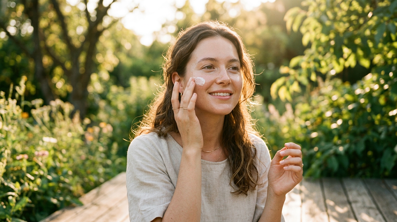 Person applying CBD SPF moisturiser in natural daylight