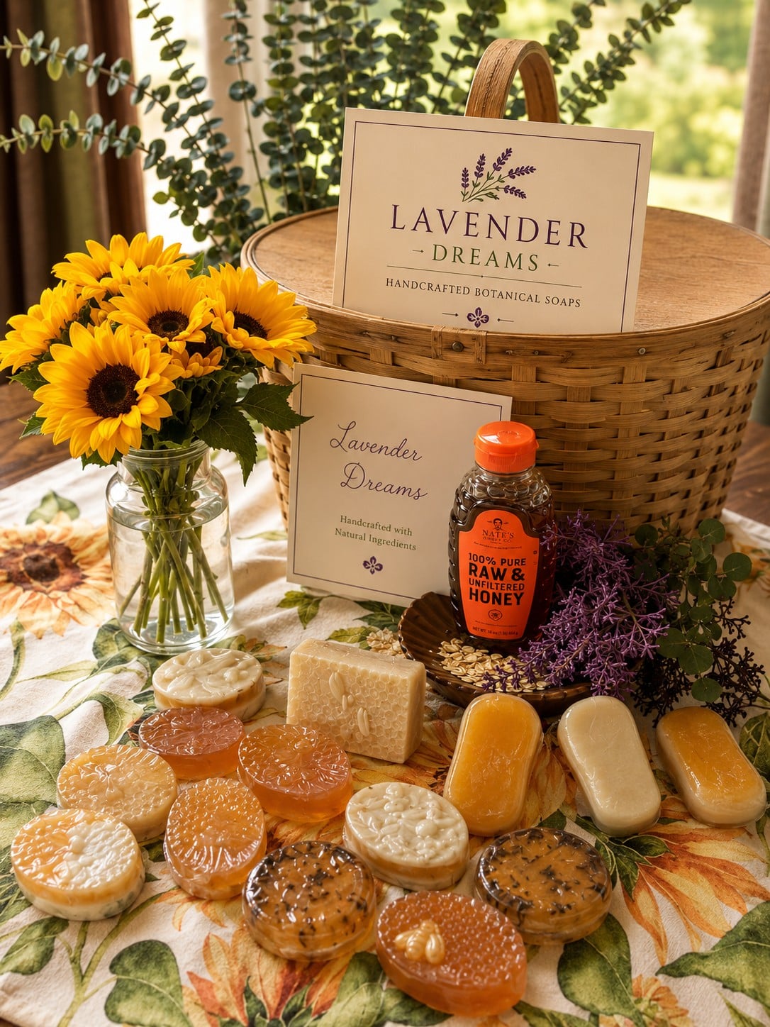 Honey-infused artisan soaps with sunflowers and natural ingredients