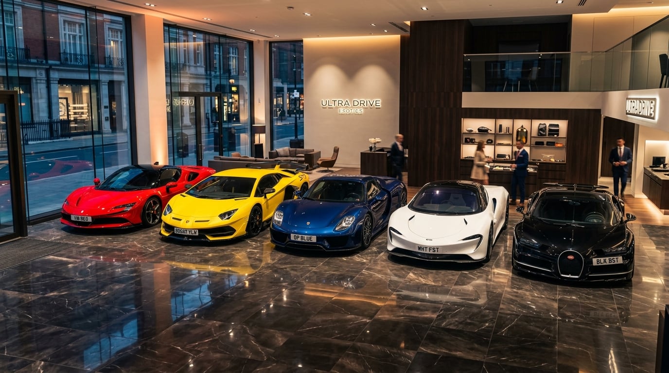 A lineup of exotic supercars in bold colors inside a luxury showroom