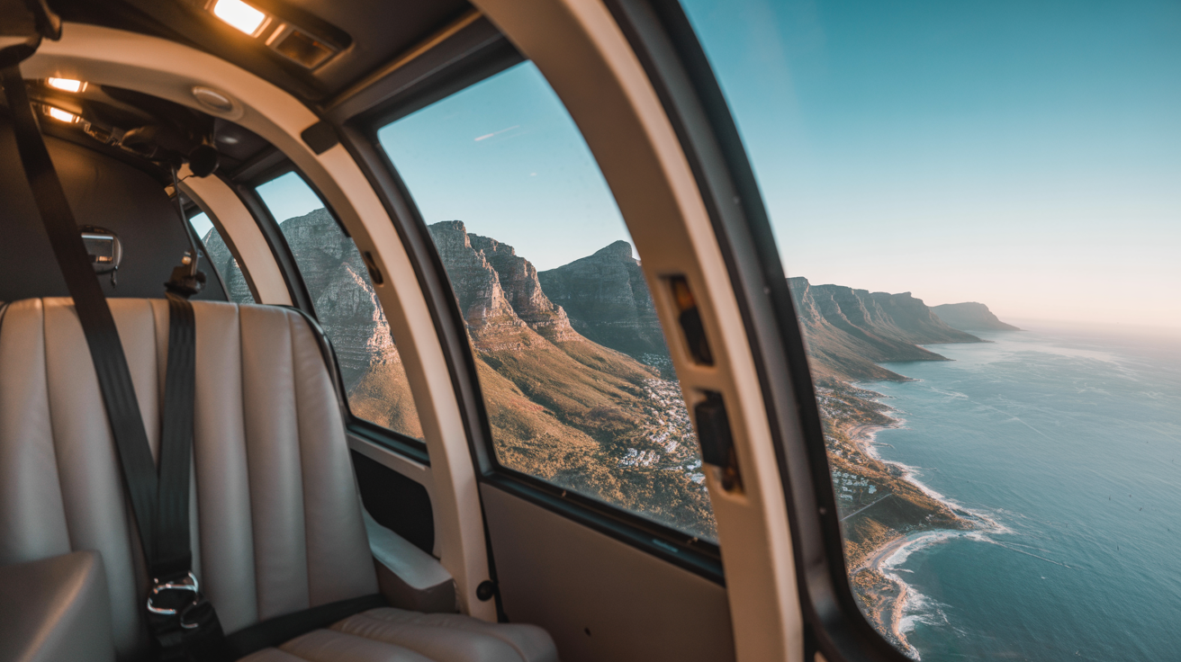 Inside the helicopter cabin — panoramic views through the windows during a Cape Town scenic flight