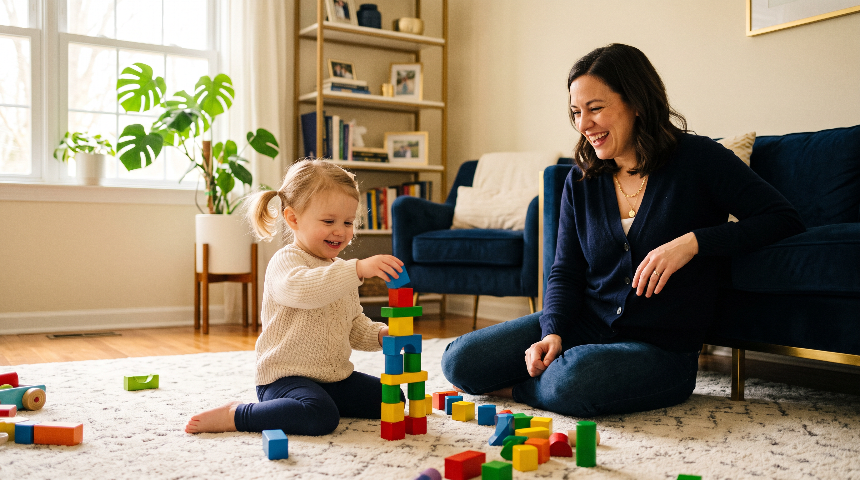 Toddler stacking blocks while parent follows their lead in play
