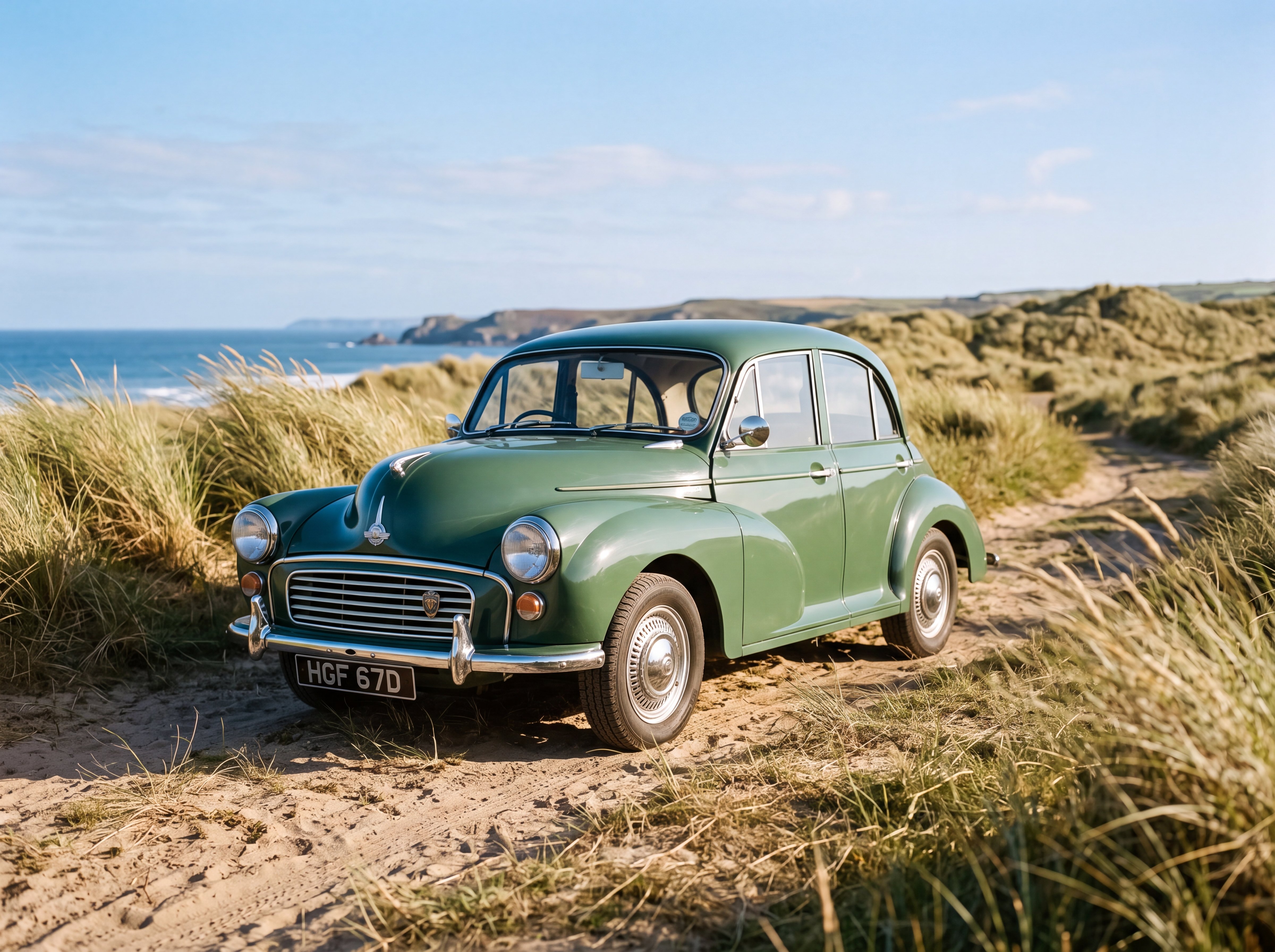 1967 green Morris Minor among coastal sand dunes with marram grass