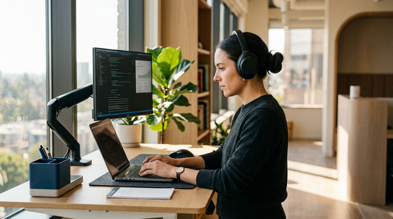 Profissional em standing desk com fones trabalhando em bloco de deep work