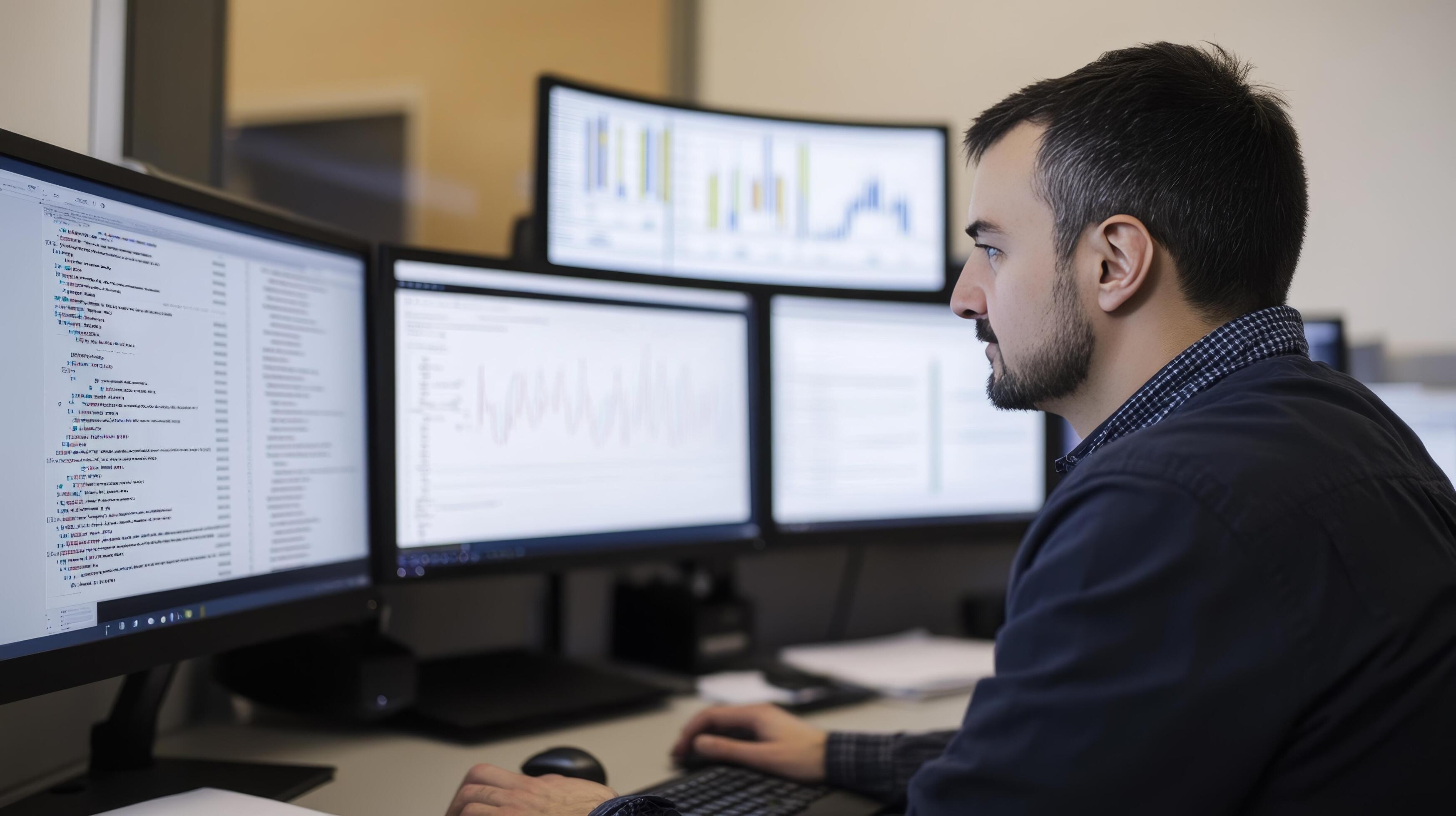 Professional developer analyzing data and coding for smart portal development