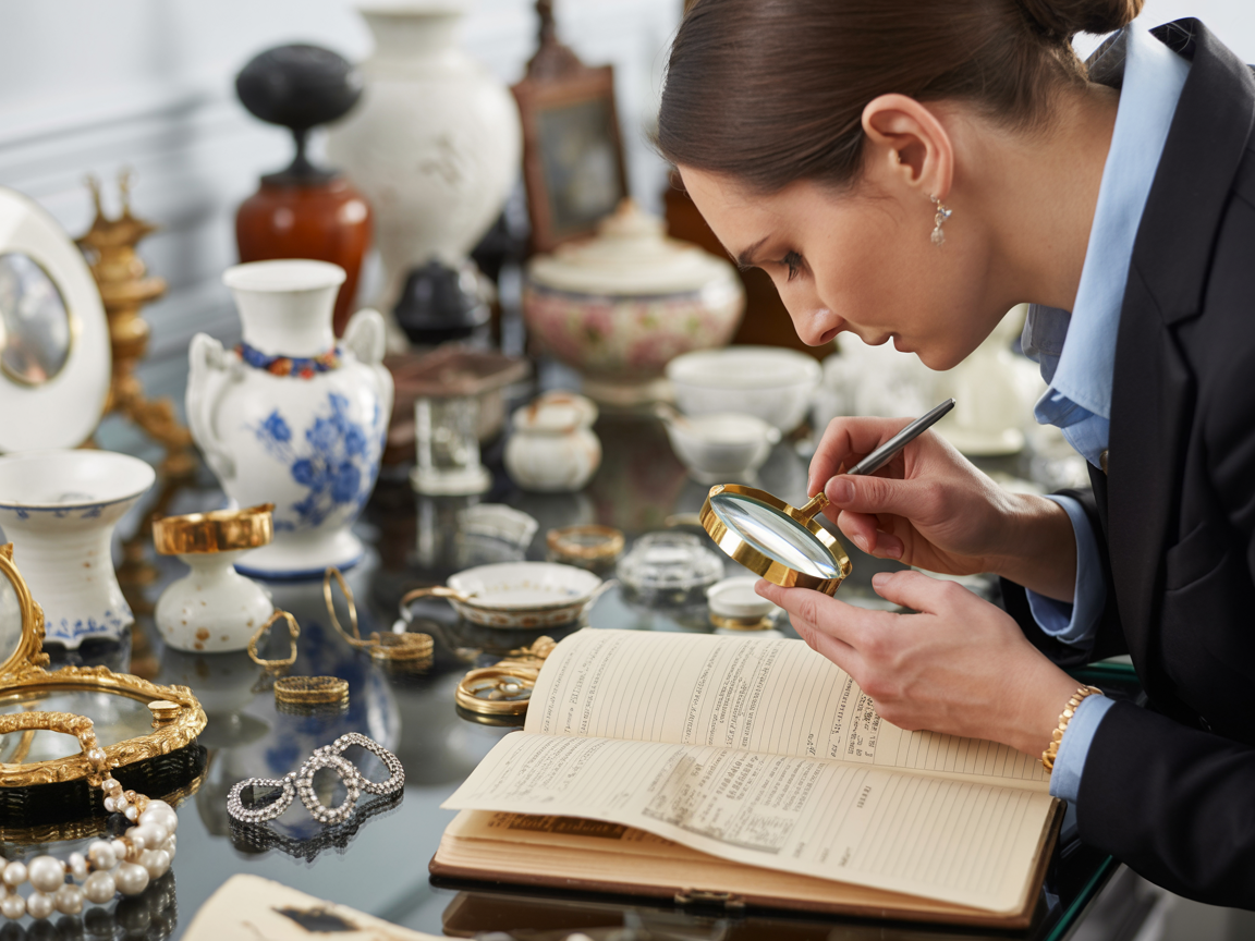 Professional examining and pricing valuable antique items with attention to detail