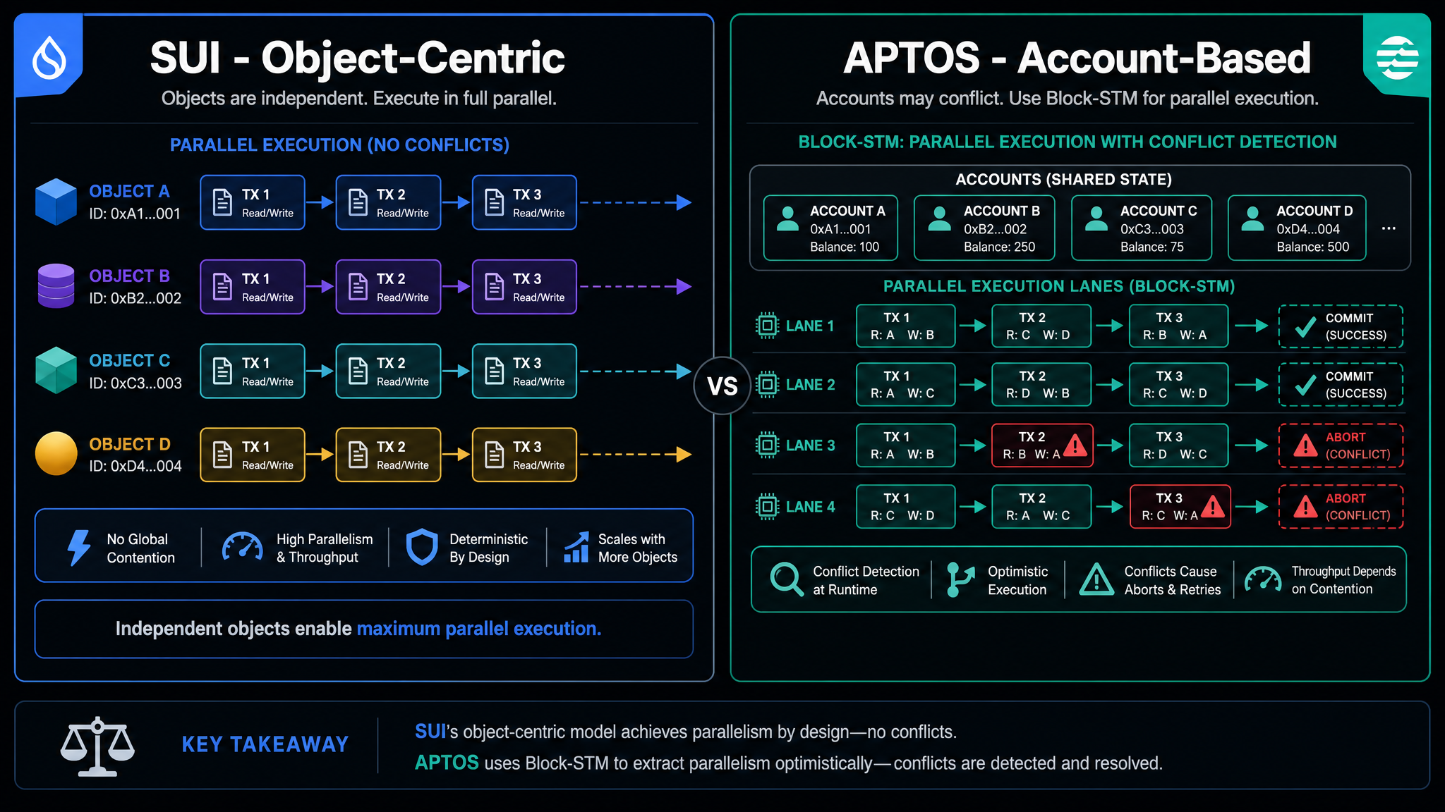 Sui vs Aptos 2026 architecture diagram comparing object-centric and account-based parallel execution models