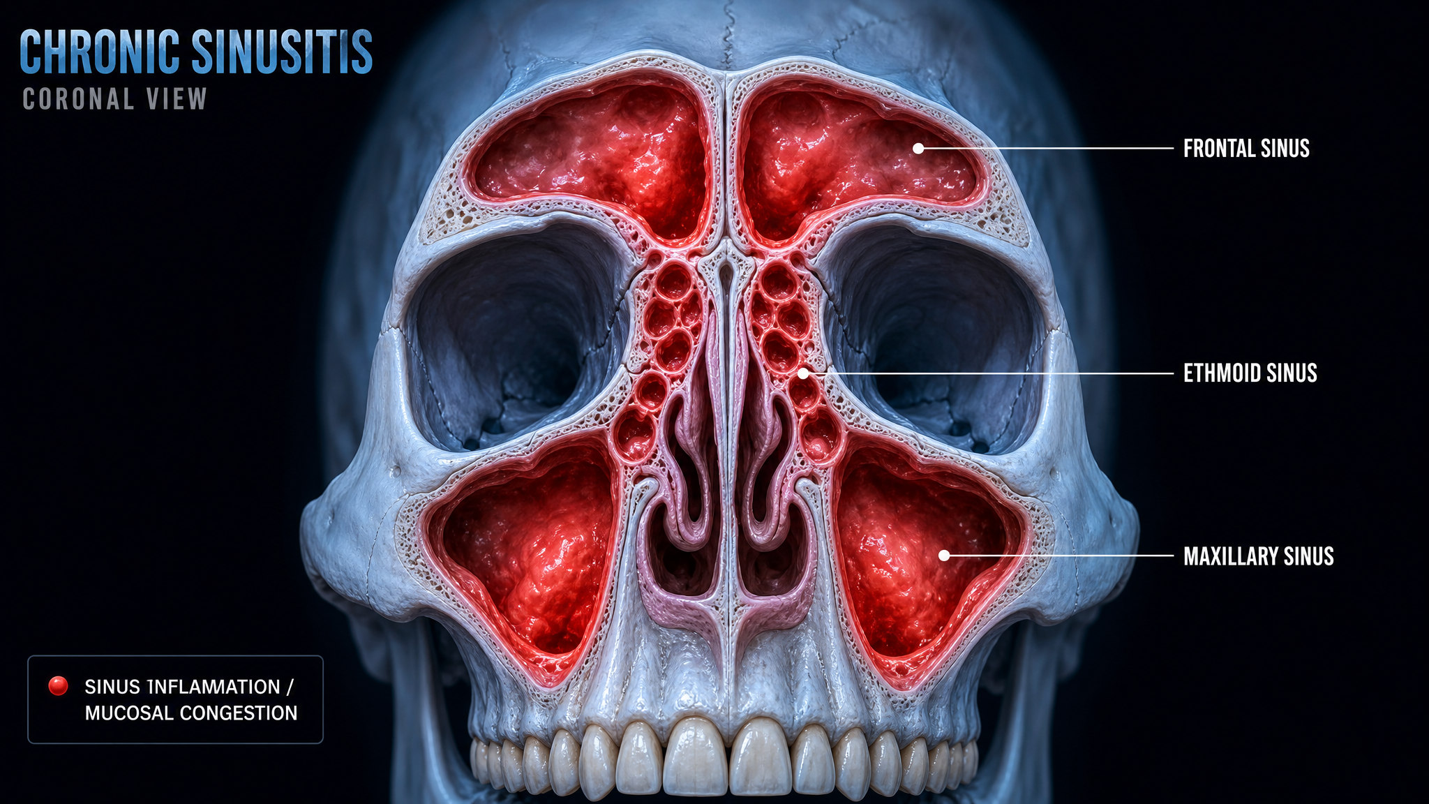 Chronic sinusitis diagram, inflamed frontal, ethmoid and maxillary sinuses