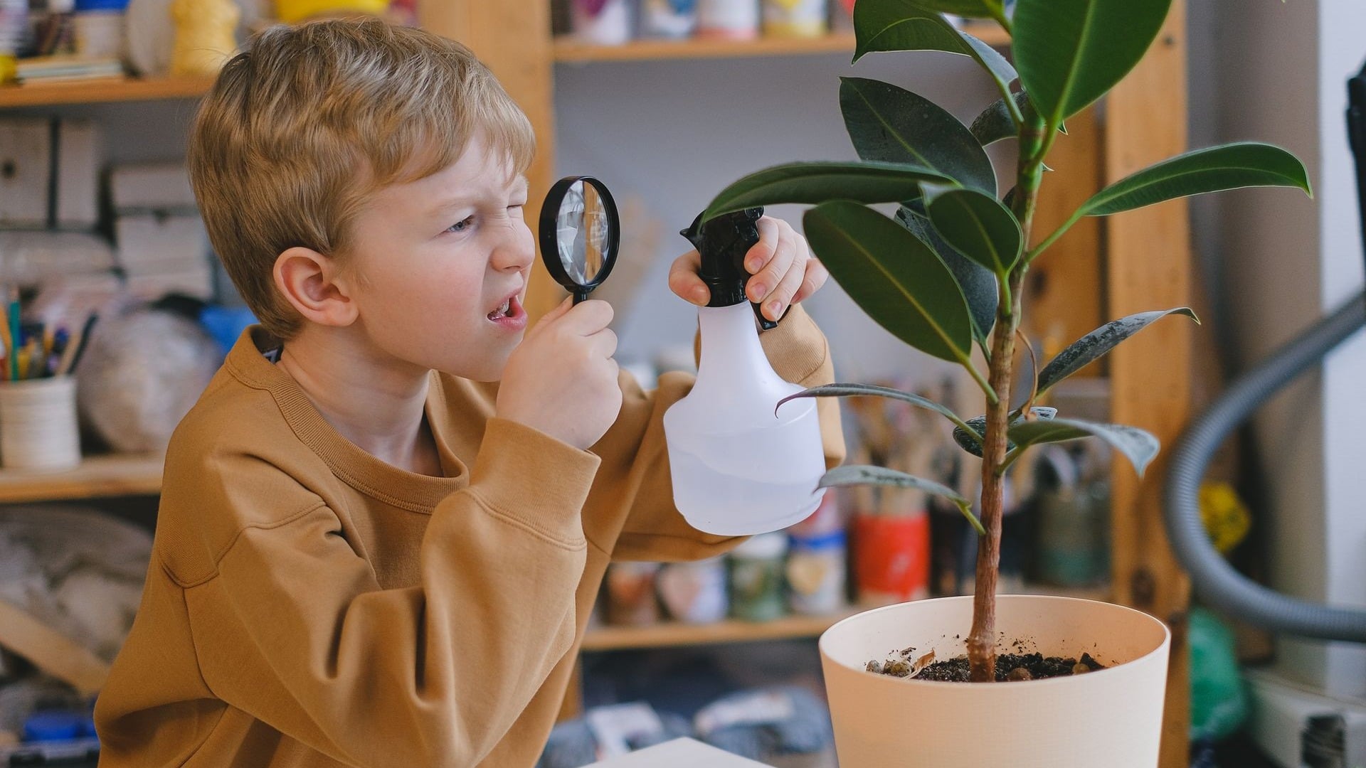 Criança observando uma planta com curiosidade e encantamento