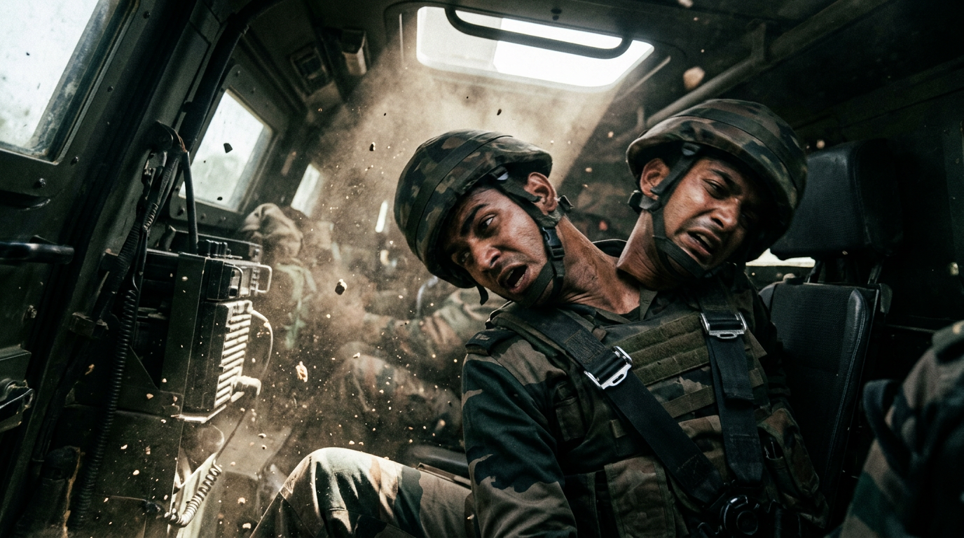 A South Asian service member inside a military vehicle at the moment of a rollover or IED blast, his head and neck snapping violently to the side in whiplash amid dust and low interior light