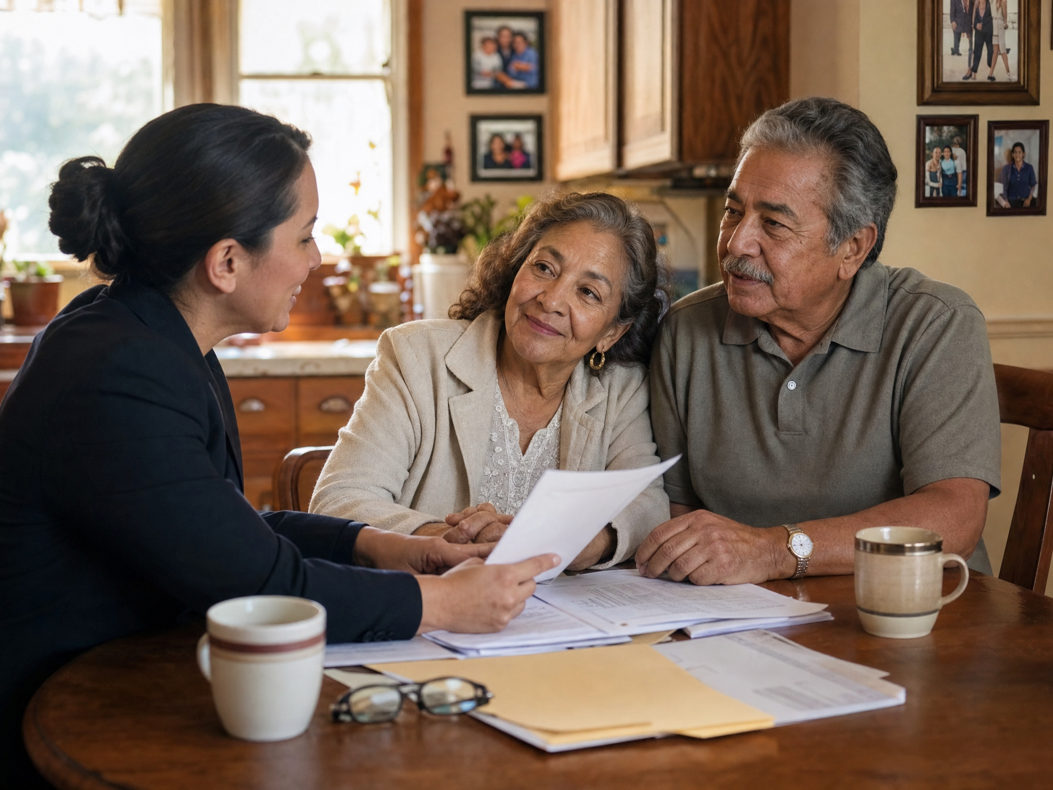 A senior Latino veteran couple reviewing their benefits with a friendly advisor
