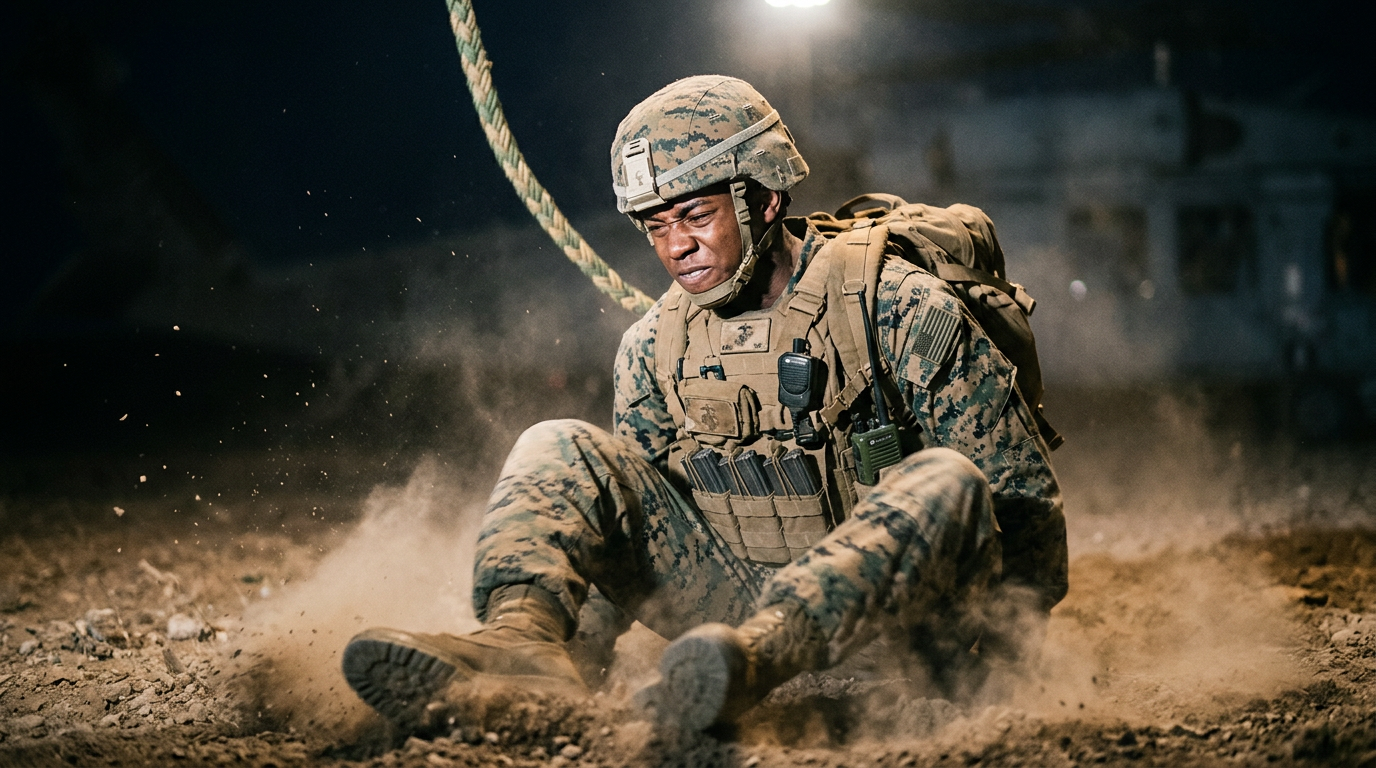 A young Black U.S. Marine in helmet and full combat load at the moment of a hard fast-rope landing at night, head and neck jolting under the helmet weight as his boots strike the ground