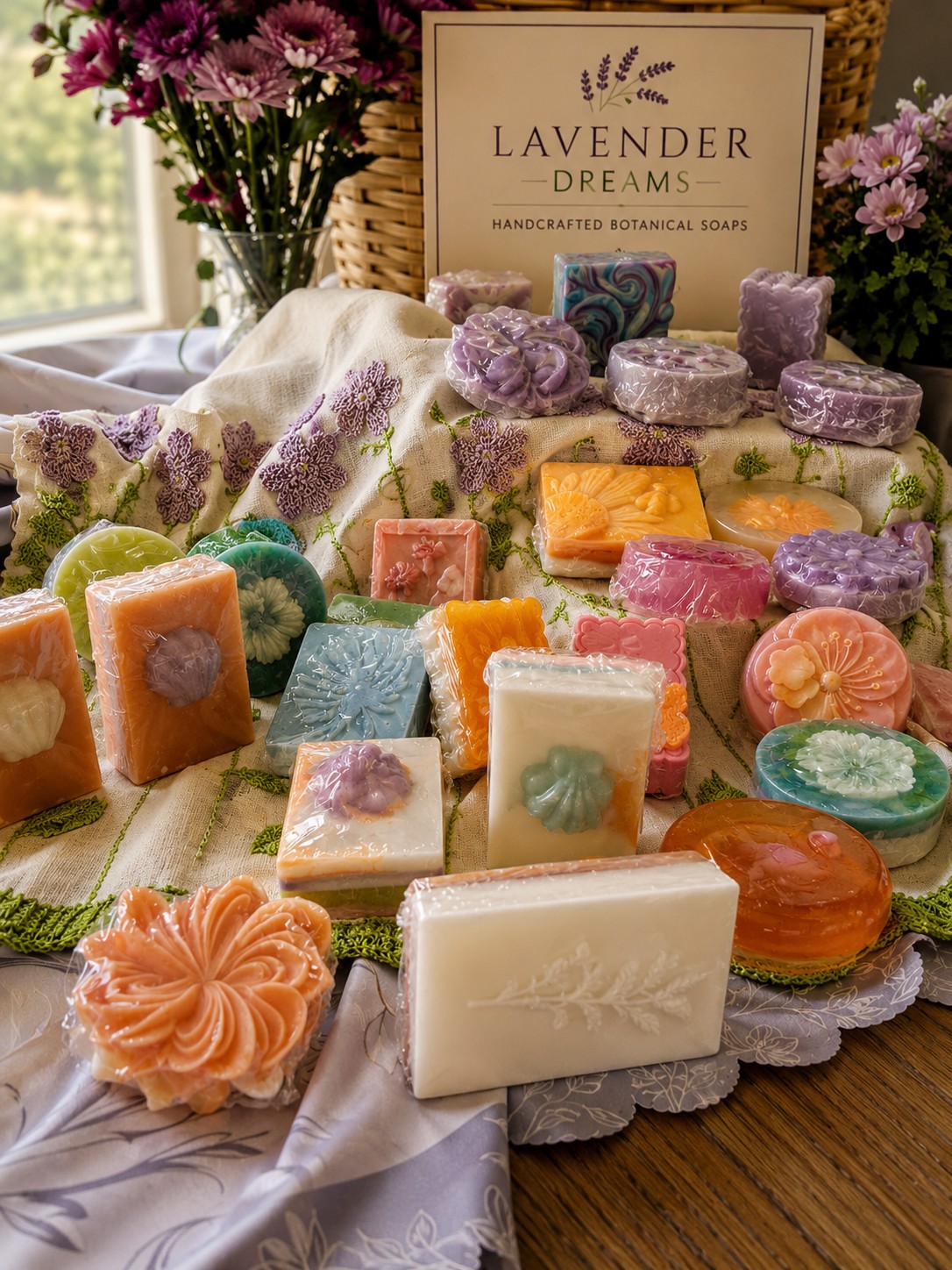 Colorful assortment of handcrafted botanical soaps in every shape and color