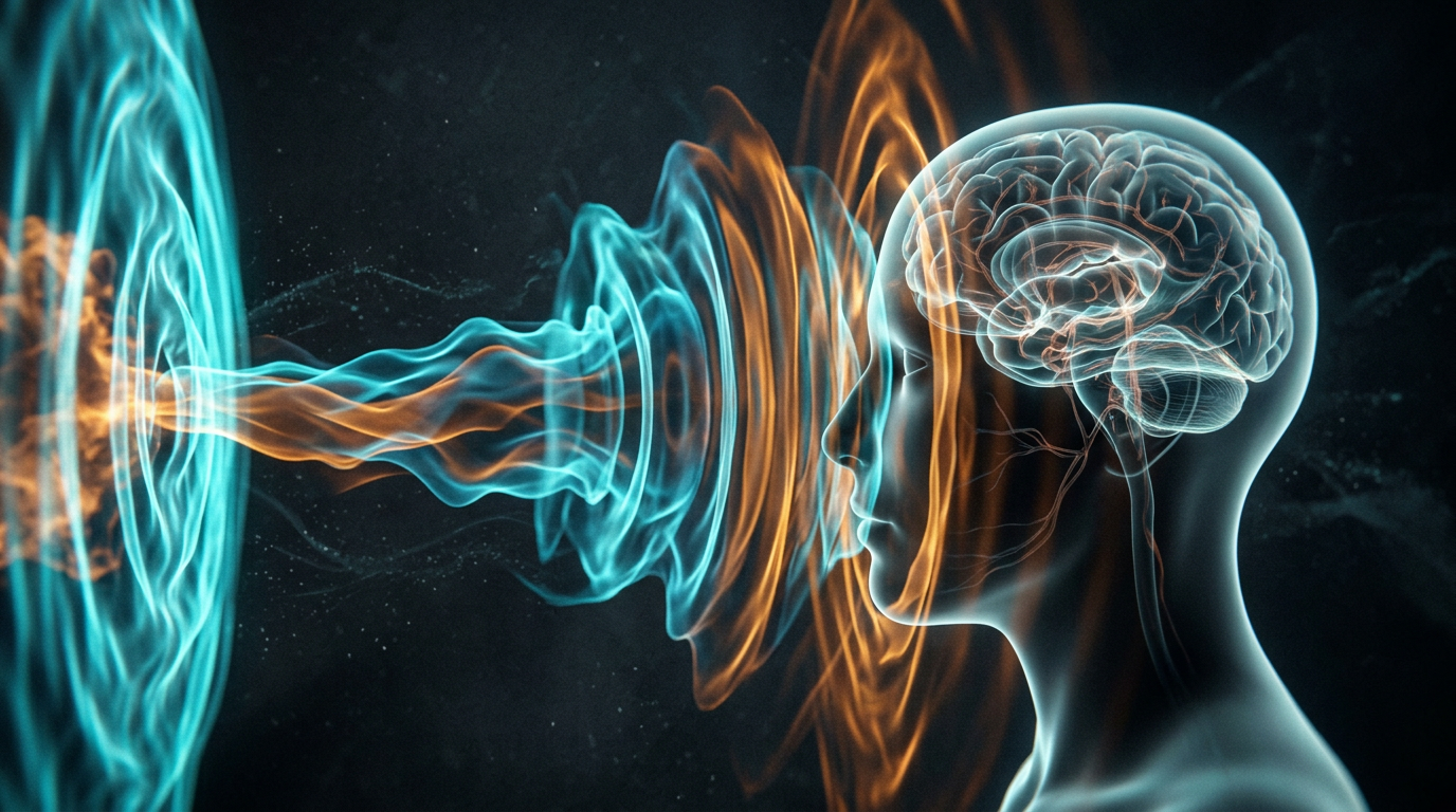 Conceptual 3D render of a human brain within a skull with a blast pressure wave passing through it, illustrating the shearing forces of a concussive traumatic brain injury on the frontal and temporal lobes
