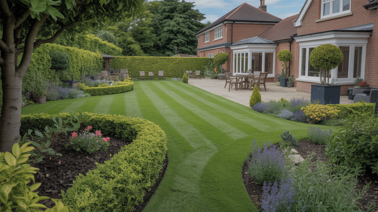 Professional landscaping overview showing beautiful maintained garden and lawn