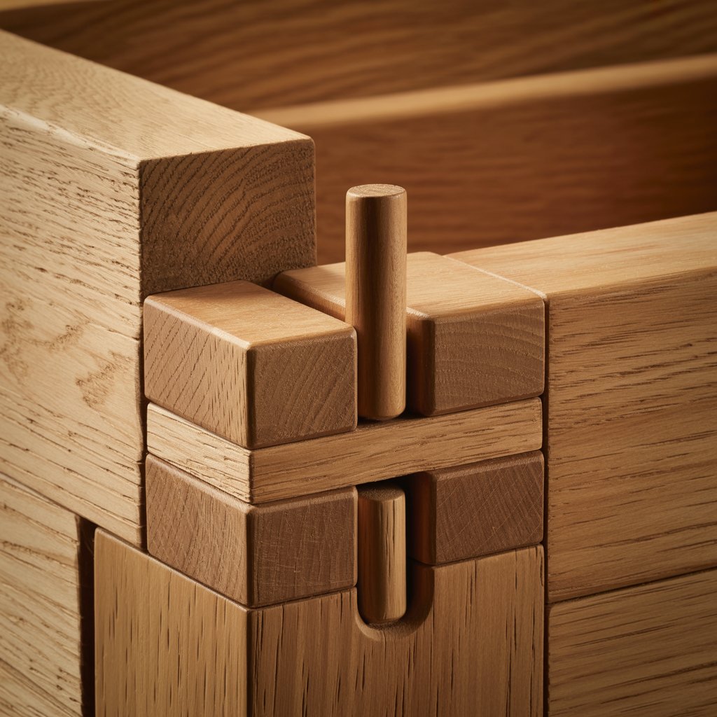 Close-up of traditional pegged oak mortise and tenon joint showing precision craftsmanship
