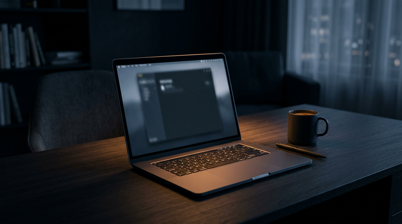Dark modern workspace with a laptop lit by warm amber light