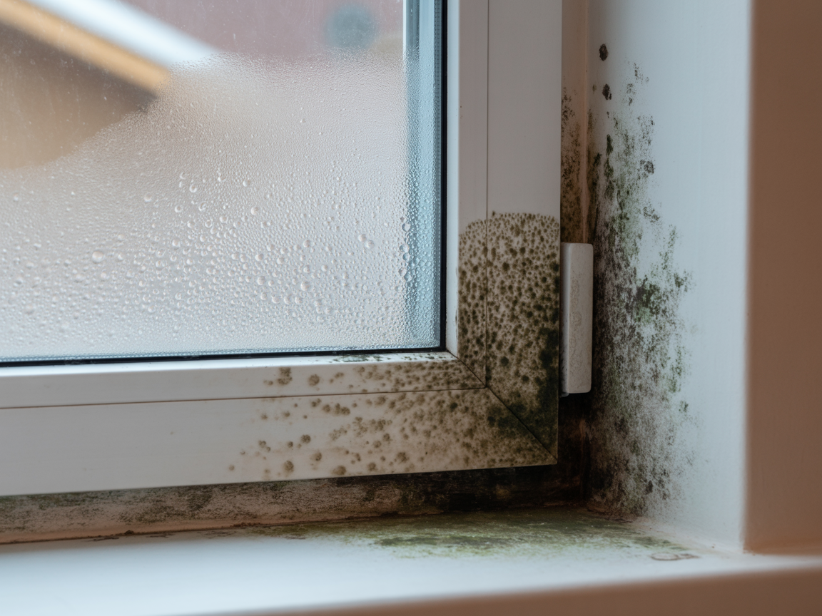 Black mould around window frame from condensation