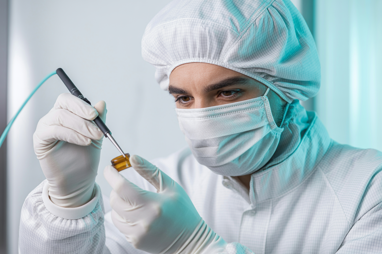 Quality control scientist inspecting pharmaceutical products in cleanroom