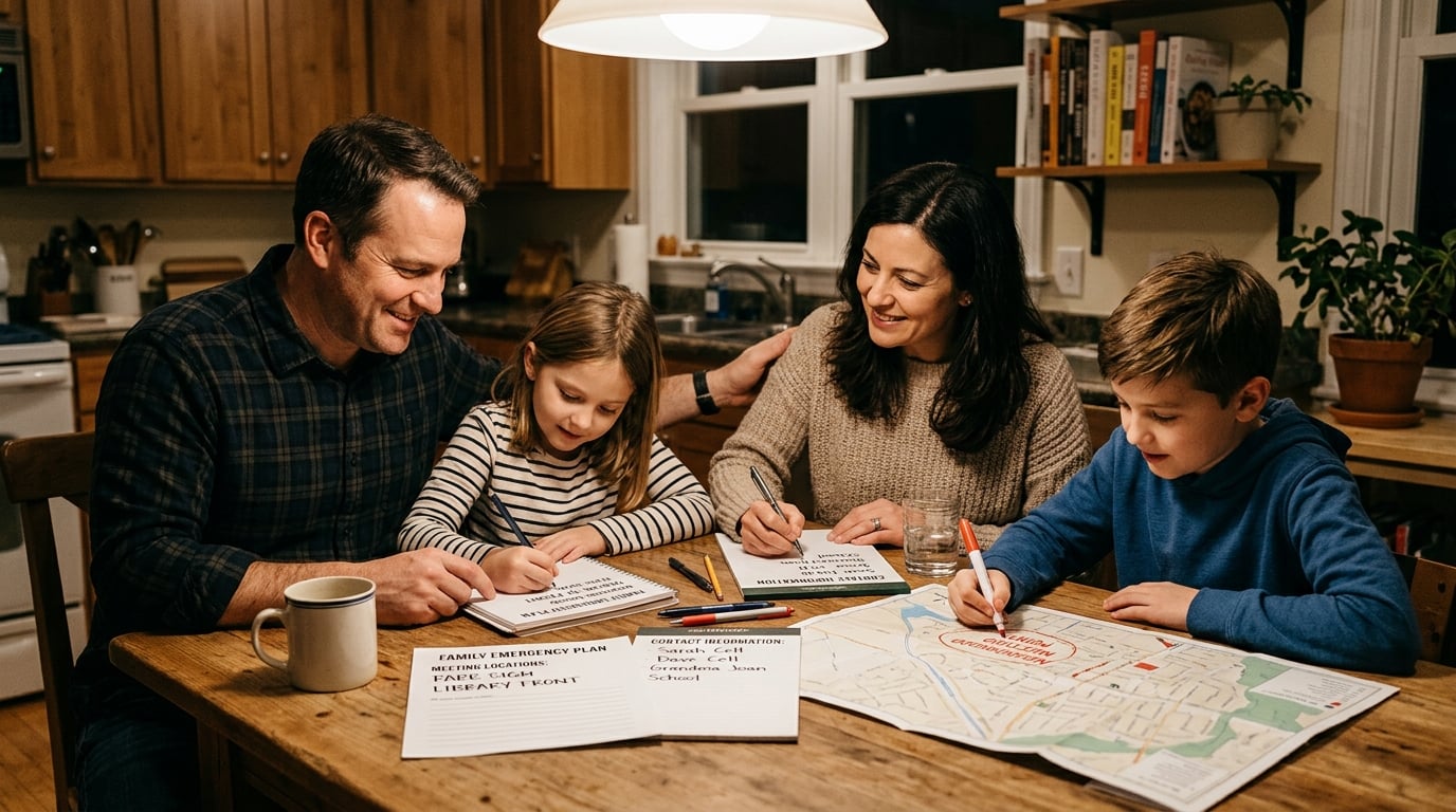 A family gathered around a kitchen table writing a written emergency contact and meeting plan with a map and notepad
