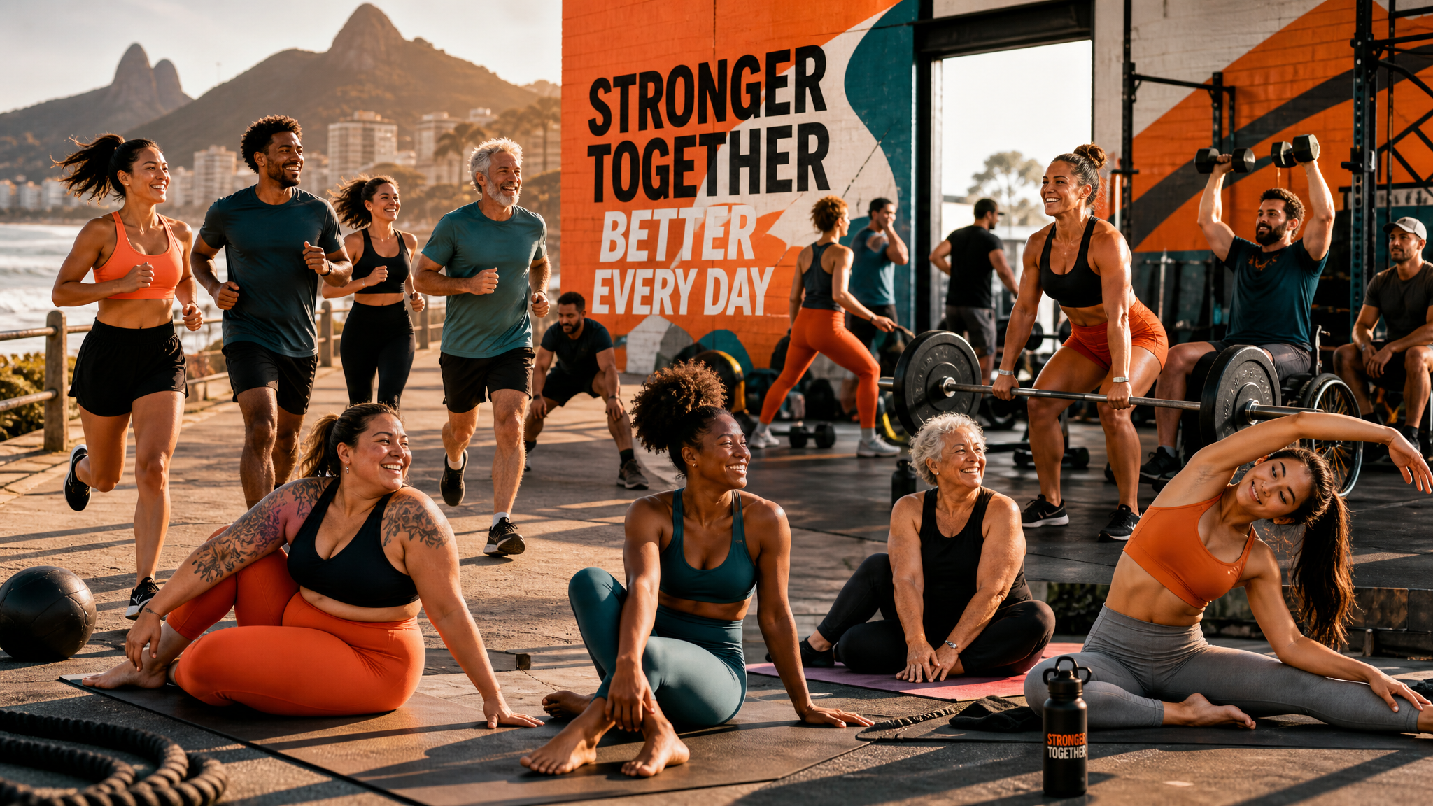 Diverse fitness community working out together