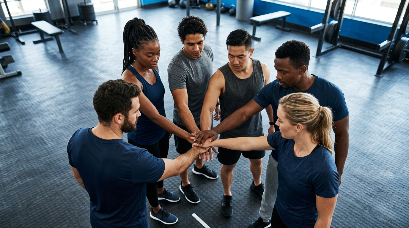Team of personal trainers in a huddle on the gym floor