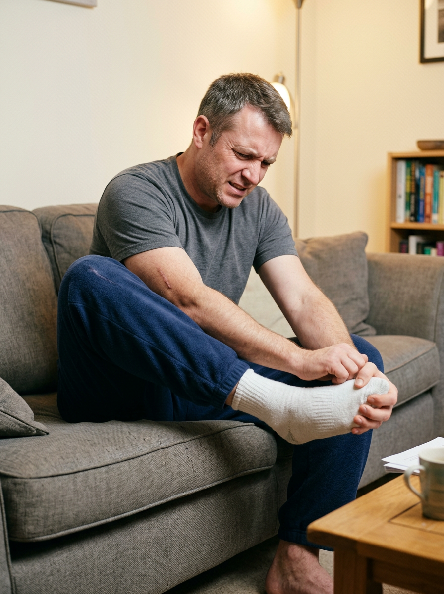 White male veteran in his 40s on a couch struggling to pull on a sock because his hip cannot rotate outward far enough to reach his foot