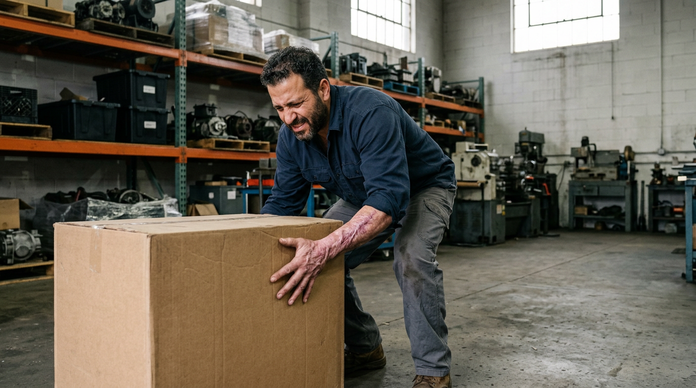 Middle-Eastern male veteran in a warehouse gripping a heavy box with visible scarring on his hand and forearm showing occupational difficulty