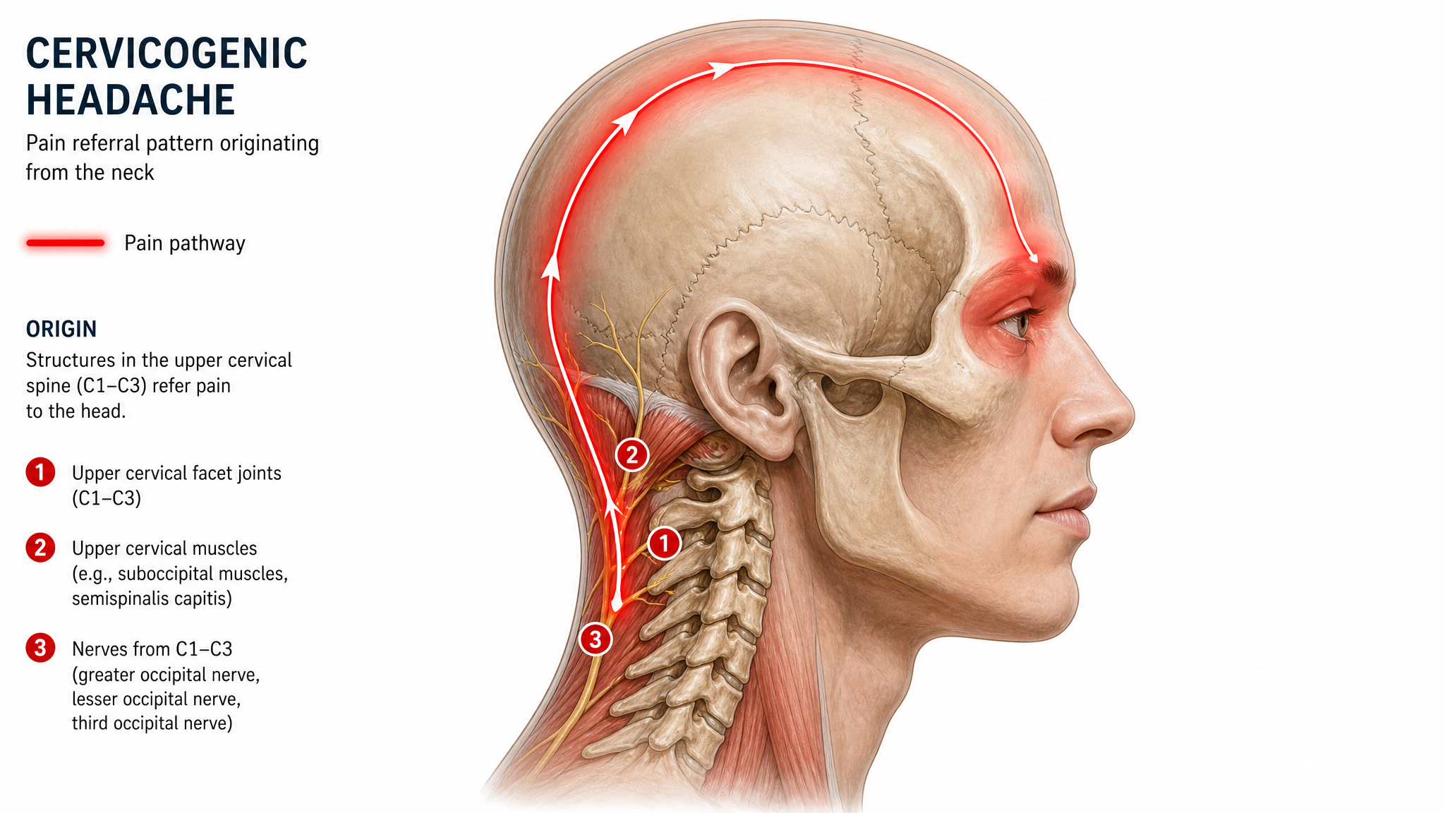 Clinical teaching illustration in profile of pain traced in red from the base of the skull and upper neck up over the scalp to behind the eye, depicting cervicogenic headache