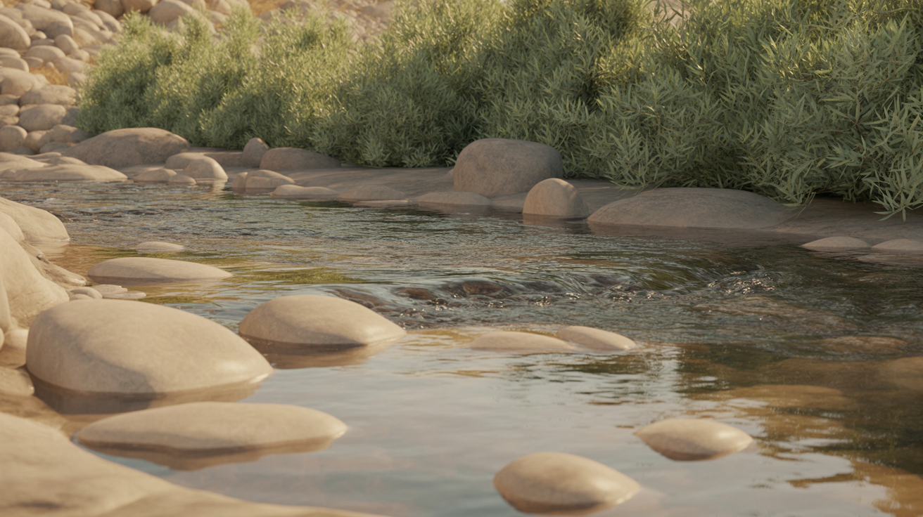 Peaceful flowing stream with smooth river stones