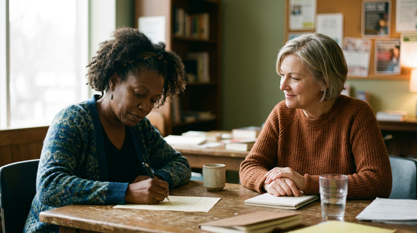 Two women at a table, one writing a statement while the other listens