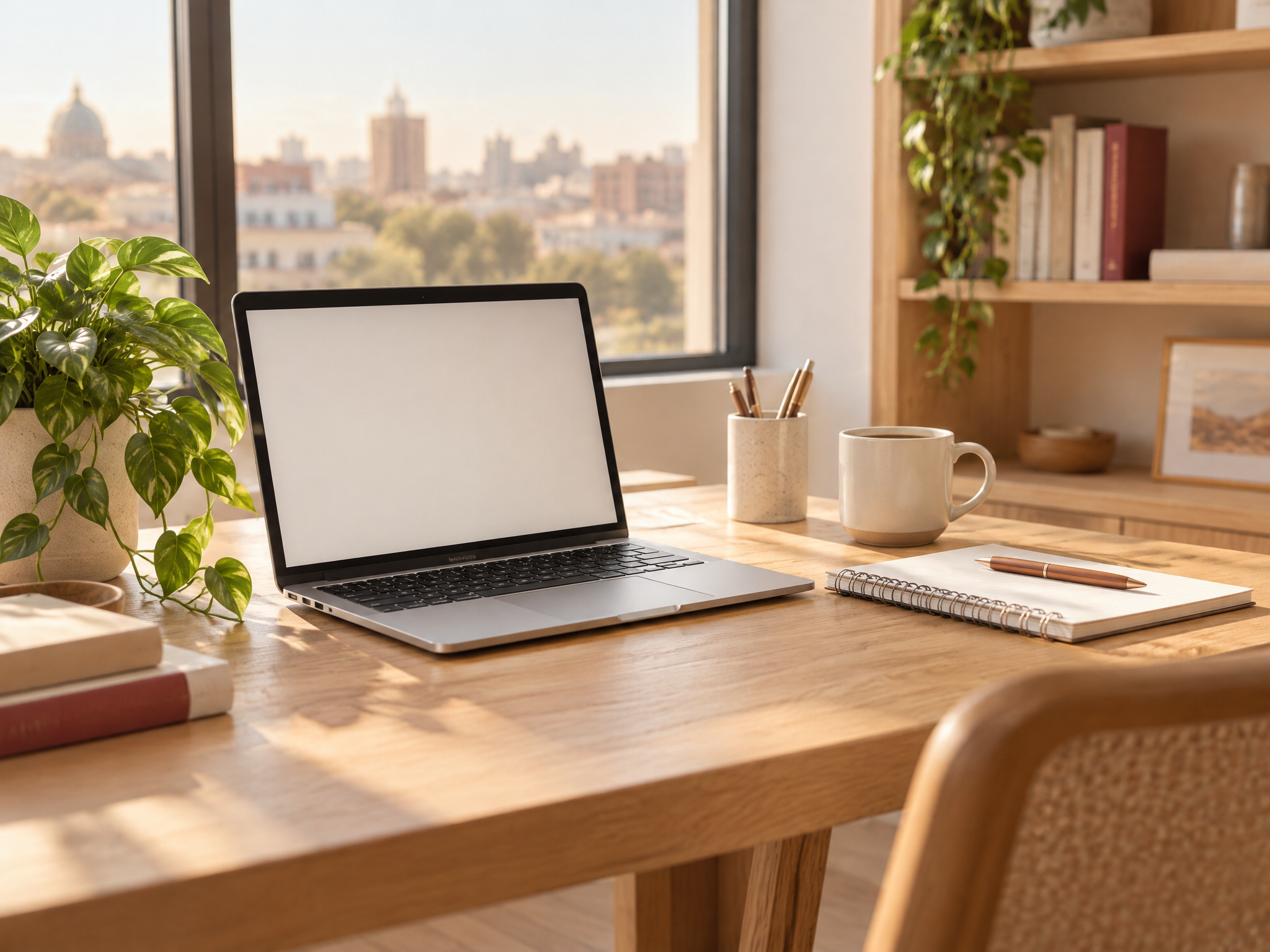 Bright, organized workspace with a laptop, notebook and coffee on a wooden desk